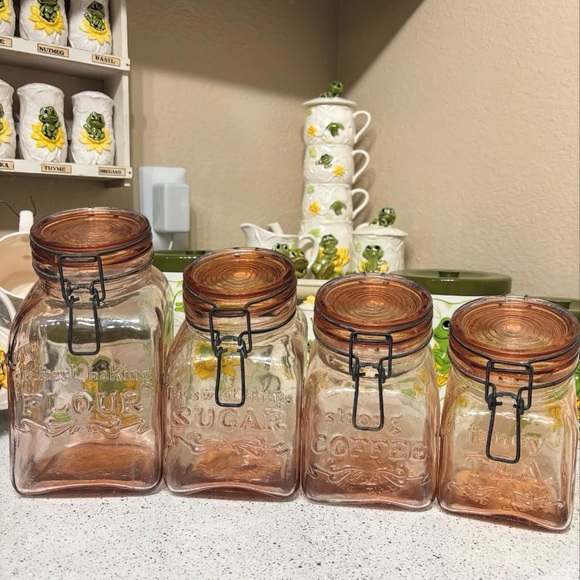 Crownford Giftware Corp Vintage Pink Glass 4 Piece Canister Set Made in Italy